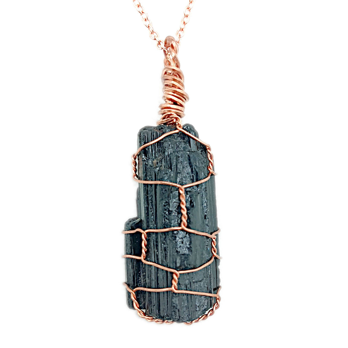 Raw Black Tourmaline Crystal Pendant Necklace, Copper Wire-Wrapped, Handmade - Ethereal Essentials