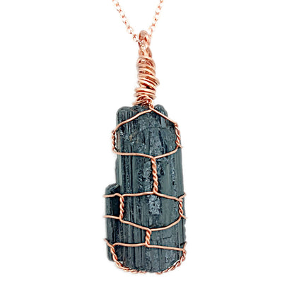 Raw Black Tourmaline Crystal Pendant Necklace, Copper Wire-Wrapped, Handmade - Ethereal Essentials