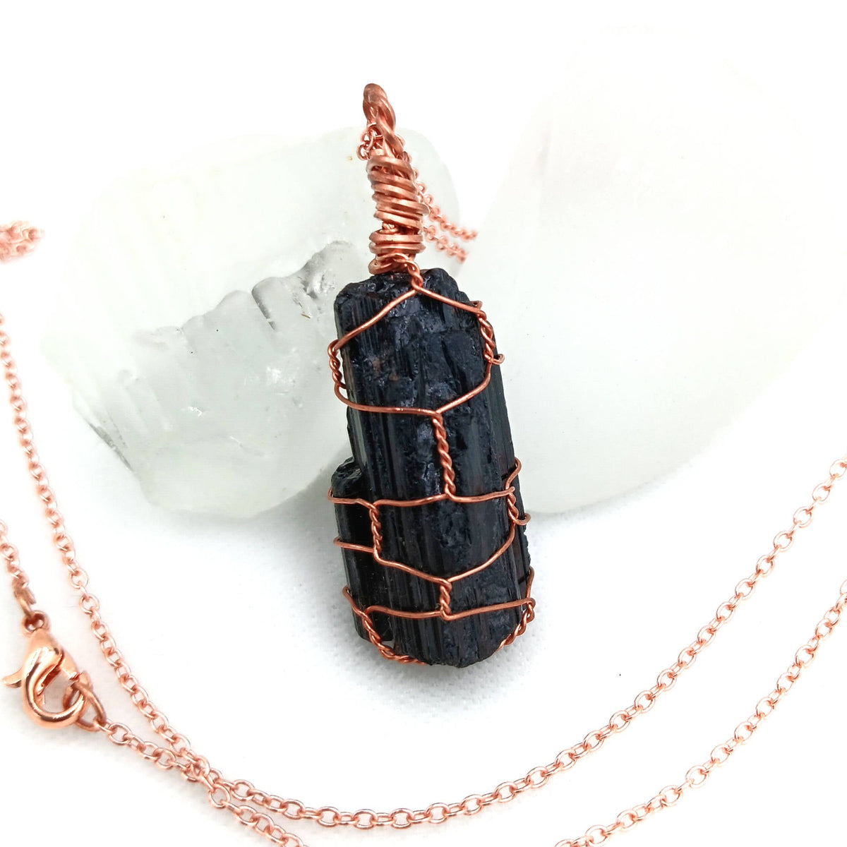 Raw Black Tourmaline Crystal Pendant Necklace, Copper Wire-Wrapped, Handmade - Ethereal Essentials