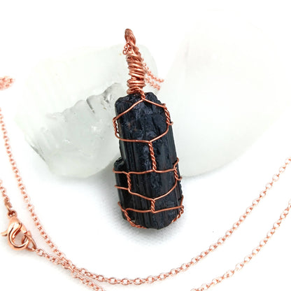 Raw Black Tourmaline Crystal Pendant Necklace, Copper Wire-Wrapped, Handmade - Ethereal Essentials