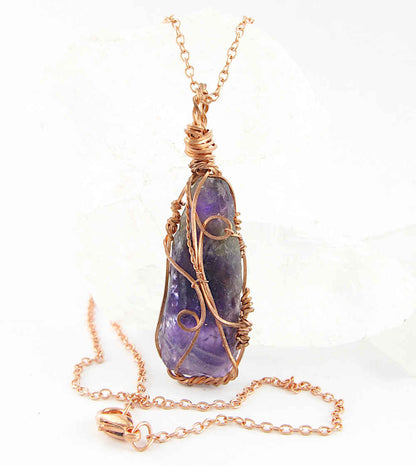 Raw Dark Purple Amethyst Crystal Reversible Pendant Necklace, Copper Wire-Wrapped, Handmade - Ethereal Essentials