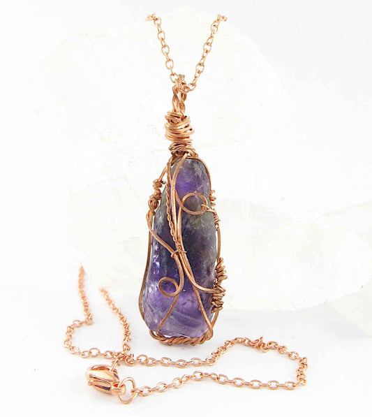 Raw Dark Purple Amethyst Crystal Reversible Pendant Necklace, Copper Wire-Wrapped, Handmade - Ethereal Essentials
