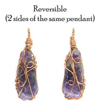 Raw Dark Purple Amethyst Crystal Reversible Pendant Necklace, Copper Wire-Wrapped, Handmade - Ethereal Essentials