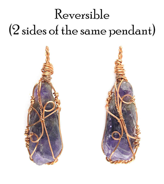 Raw Dark Purple Amethyst Crystal Reversible Pendant Necklace, Copper Wire-Wrapped, Handmade - Ethereal Essentials