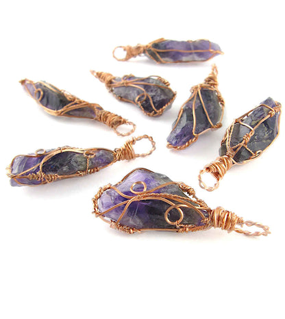 Raw Dark Purple Amethyst Crystal Reversible Pendant Necklace, Copper Wire-Wrapped, Handmade - Ethereal Essentials