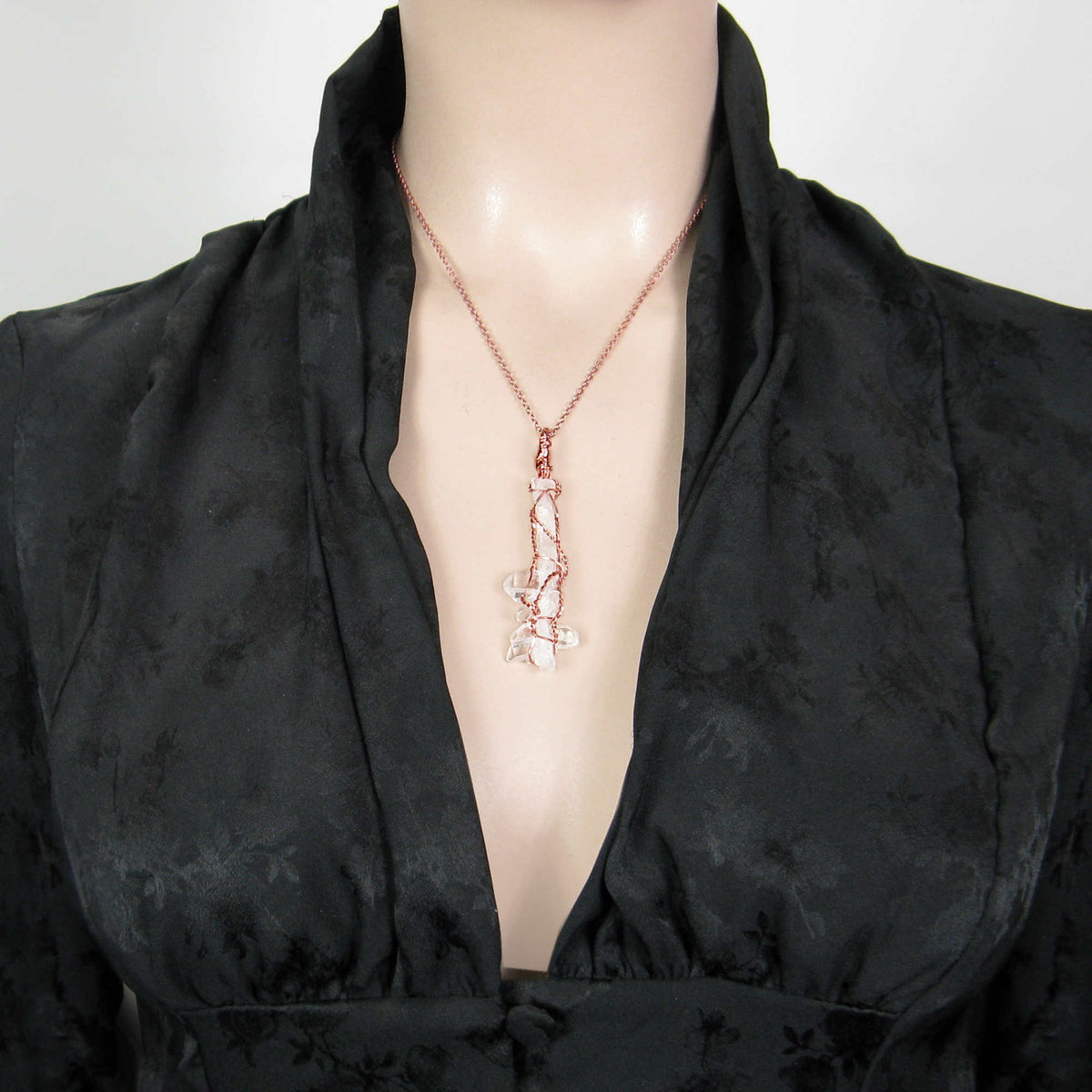Raw Faden Clear Quartz Crystal Pendant Necklace, Copper Wire-Wrapped, Handmade - Ethereal Essentials