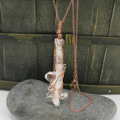 Raw Faden Clear Quartz Crystal Pendant Necklace, Copper Wire-Wrapped, Handmade - Ethereal Essentials
