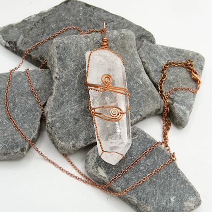 Raw Quartz Crystal Point Pendant – Copper Wire Wrapped Necklace, Handmade - Ethereal Essentials