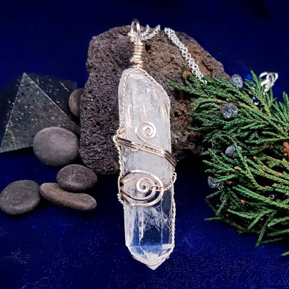Raw Quartz Crystal Point Pendant – Silver-Plated Wire Wrapped Necklace, Handmade