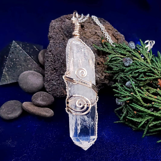 Raw Quartz Crystal Point Pendant – Silver-Plated Wire Wrapped Necklace, Handmade