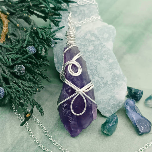 Raw Amethyst Crystal Point Pendant – Handmade Silver-Plated Wire Wrapped Necklace
