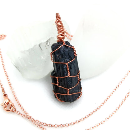 Raw Black Tourmaline Crystal Pendant Necklace, Copper Wire-Wrapped, Handmade
