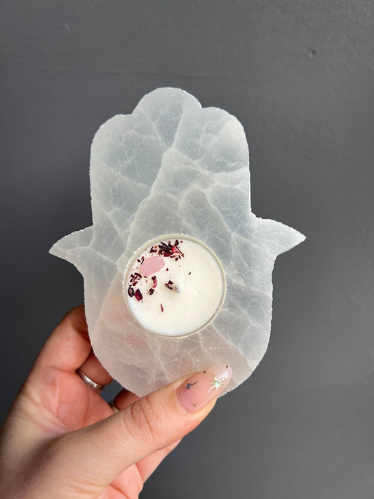 Selenite Hamsa candle holder