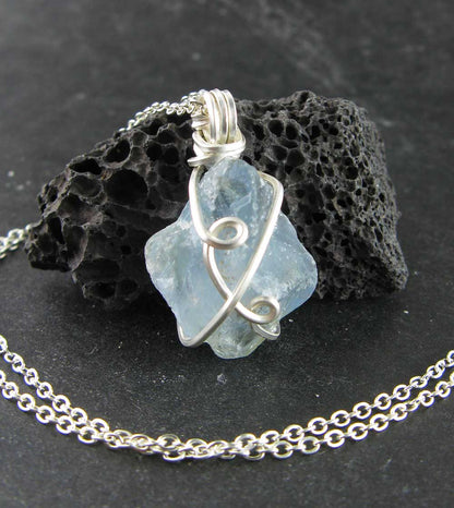 Raw Blue Celestite Crystal Pendant, Silver Wire-Wrapped, Handmade