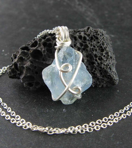 Raw Blue Celestite Crystal Pendant, Silver Wire-Wrapped, Handmade