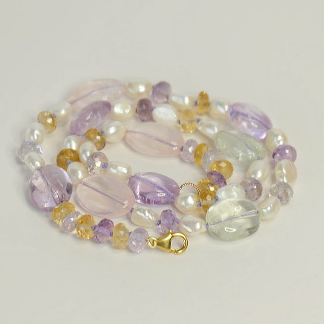 Mixed Gemstone Candy Necklace: Hand-Knotted Ametrine & Citrine