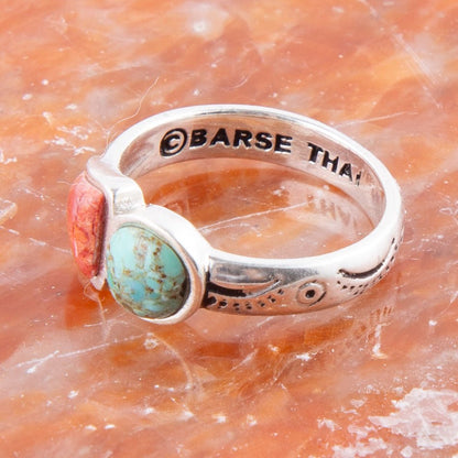 Blue Turquoise and Orange Coral Duo Sterling Silver Ring