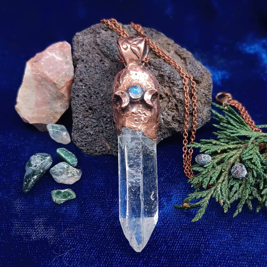 Clear Quartz Copper Pendant – Triple Moon Rune Amulet, Handmade Crystal Jewelry