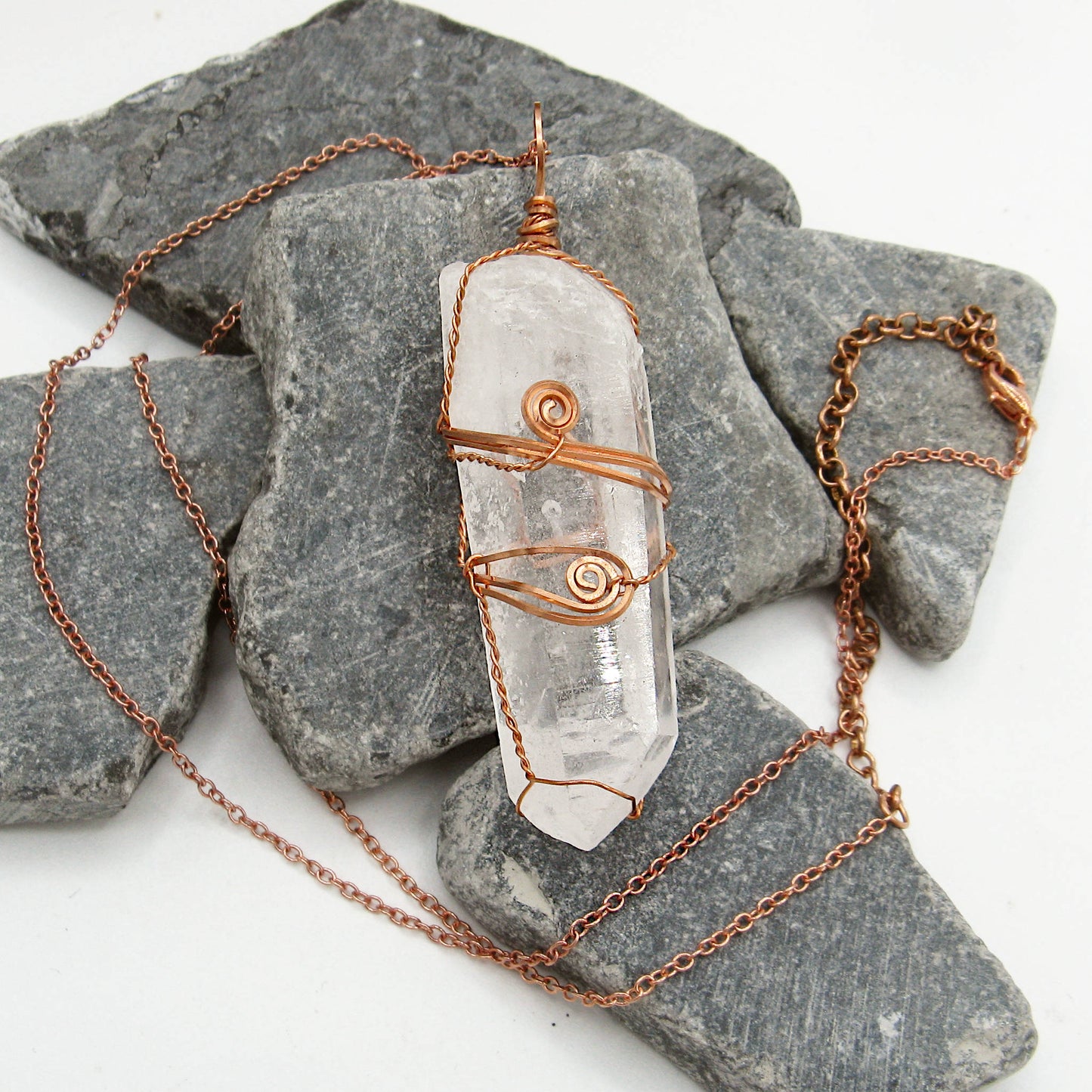 Raw Quartz Crystal Point Pendant – Copper Wire Wrapped Necklace, Handmade