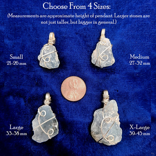Raw Blue Celestite Crystal Pendant, Silver Wire-Wrapped, Handmade