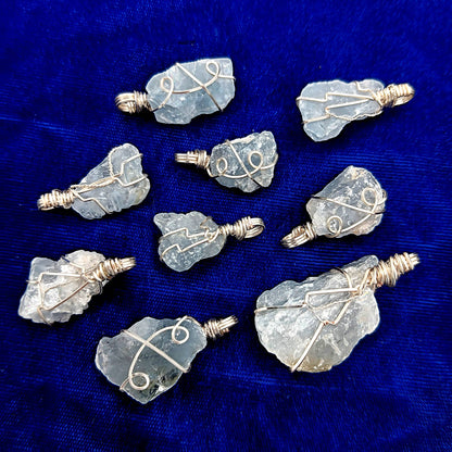 Raw Blue Celestite Crystal Pendant, Silver Wire-Wrapped, Handmade
